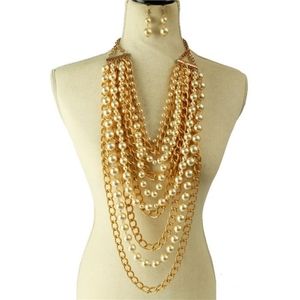 Long Multilayered Gold & Cream Pearl Necklace Set Chain Link Statement Jewelry